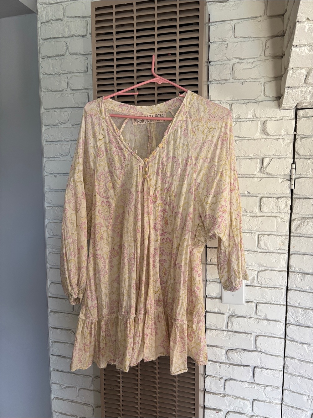 Magnolia Pearl Pale Yellow & Pink Paisley Peasant Blouse